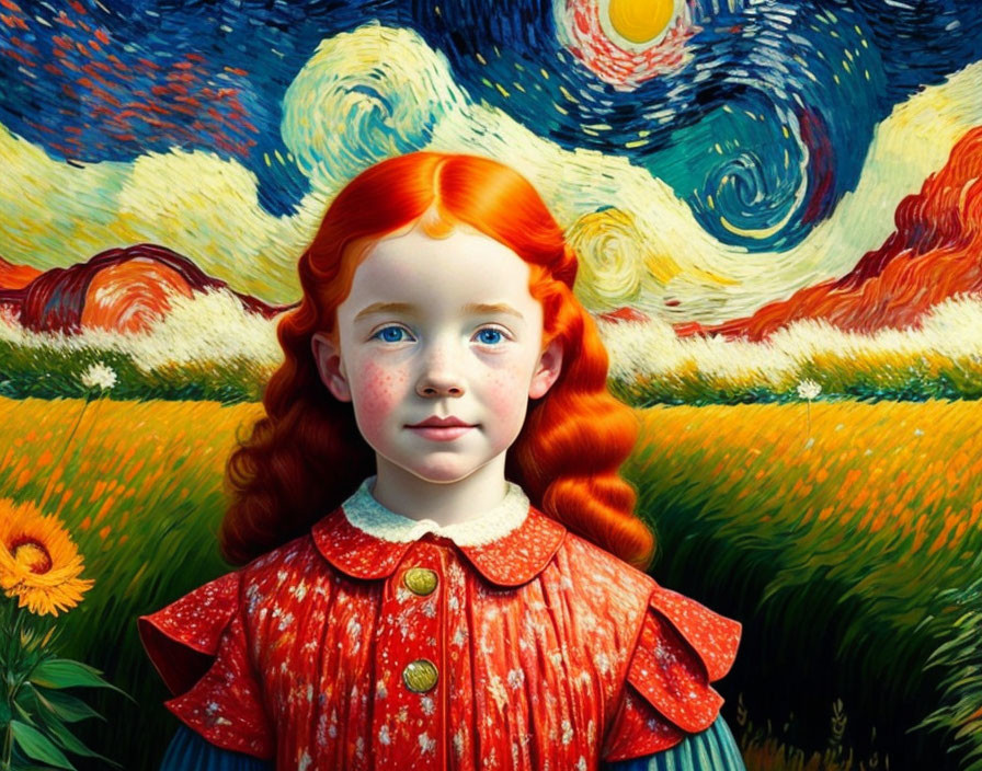 Red-haired girl in red dress against Van Gogh-inspired starry sky and sunflower field