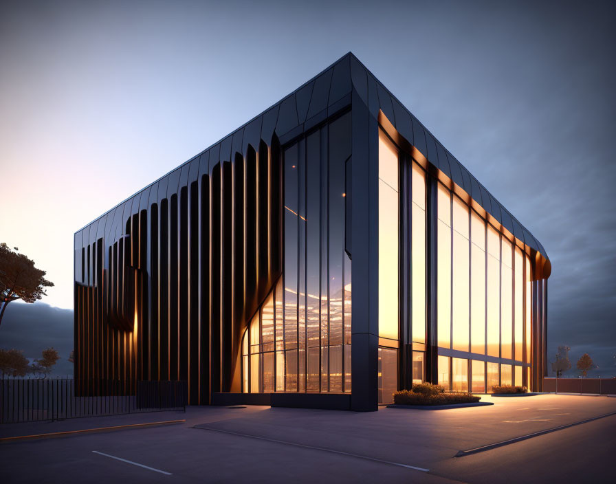 Sleek modern building with large illuminated glass windows