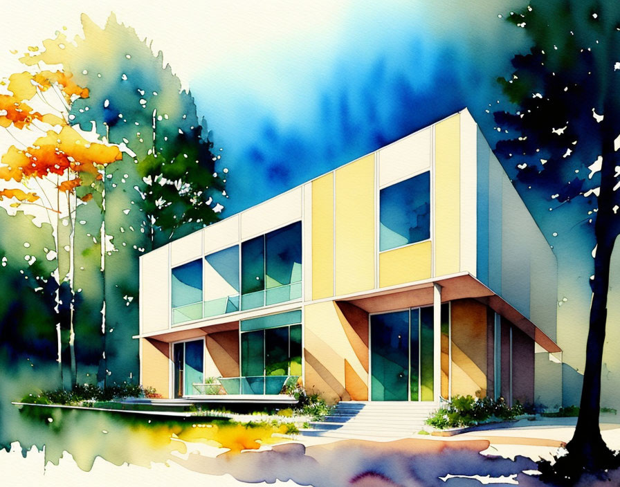 Colorful Watercolor Painting of Modern Two-Story House surrounded by Trees