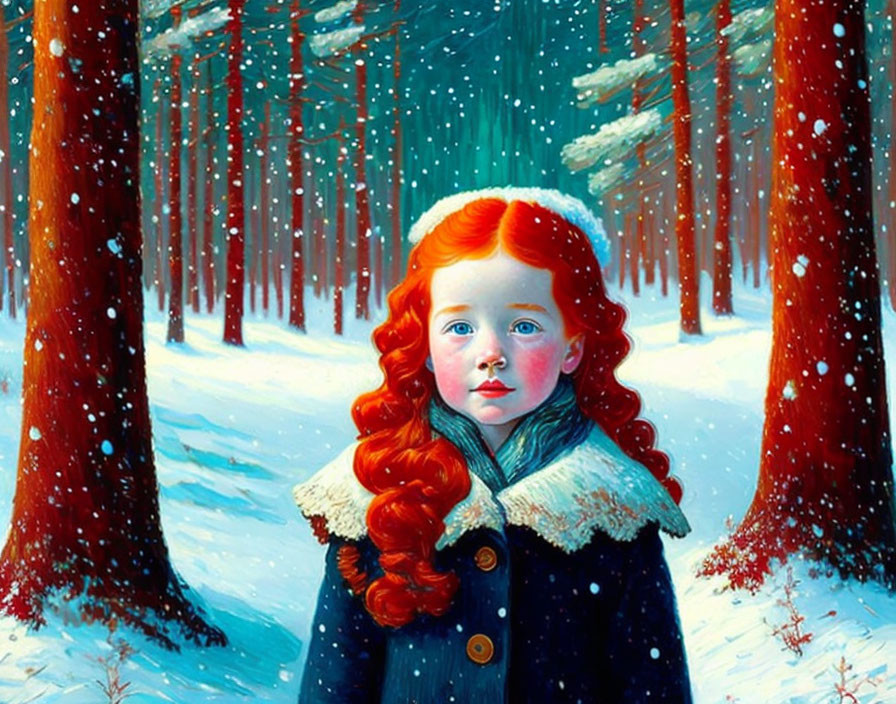 Red-haired girl in snowy forest with falling snowflakes