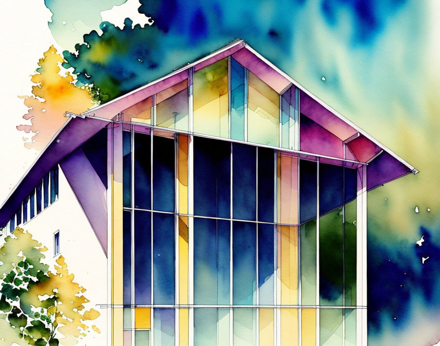 Modern building with glass facade in vibrant watercolor palette