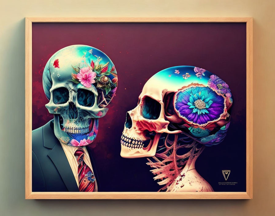 Vibrant flower-adorned human skulls in suit and tie on maroon background