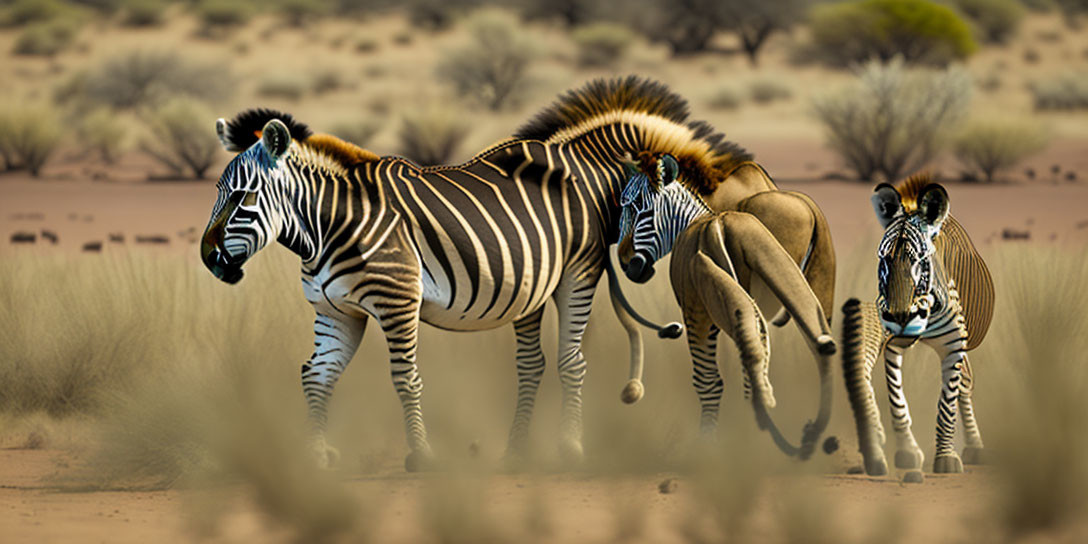 Savannah scene with three zebras, male showing mane