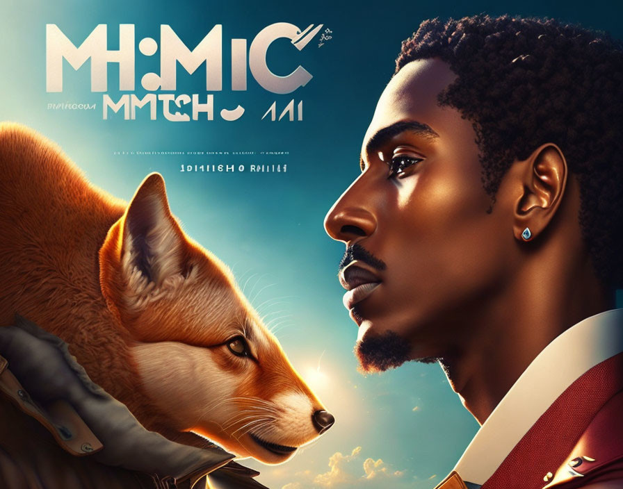 Profile of man and fox in digital artwork with stylized title graphics on amber backdrop