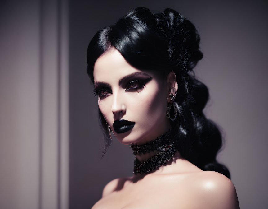 Dramatic Gothic Woman with Black Lipstick & Lace Choker