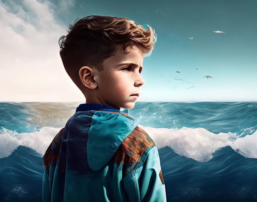 Pensive young boy in colorful jacket by dramatic ocean waves