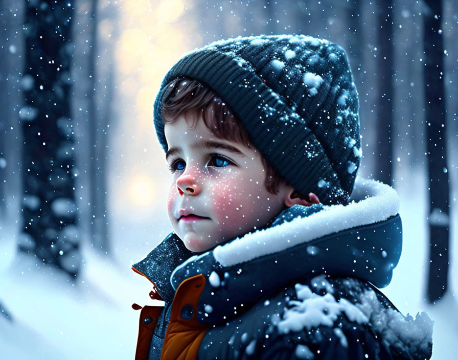 Child in yellow coat gazes thoughtfully in snowy setting