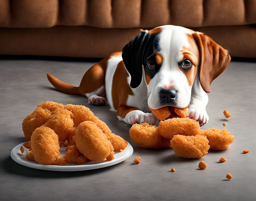 Beagle puppy eyeing plate of chicken nuggets