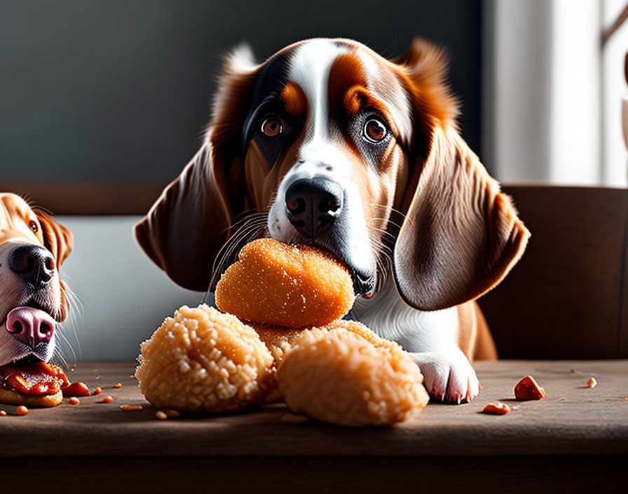 Two dogs at table with cookies, one holding a cookie in mouth.