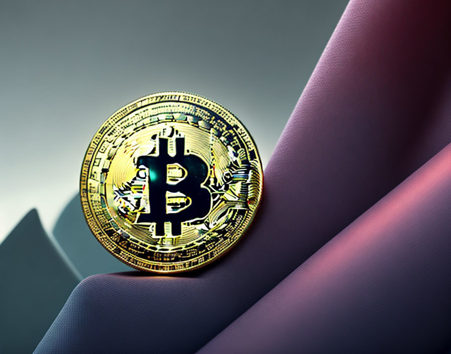 Golden Bitcoin on surface with abstract grey, purple, and red shapes symbolizing digital currency