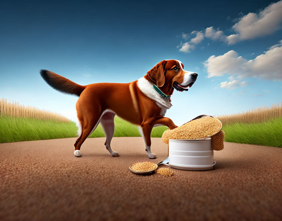 Beagle dog with spilled cookies on countryside road
