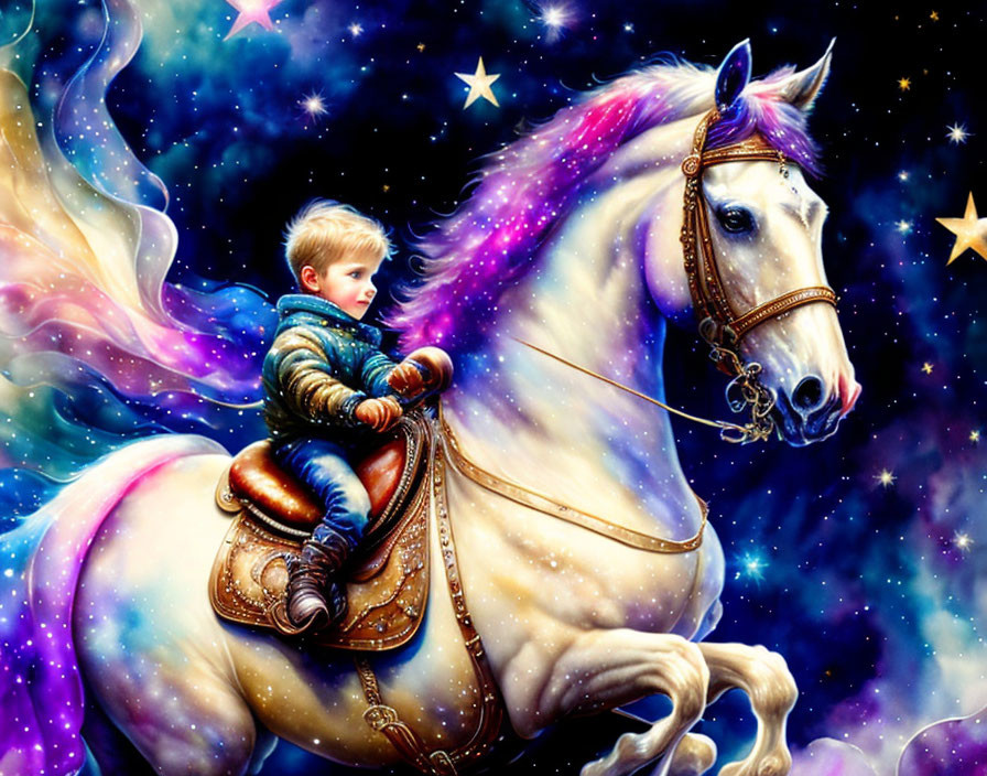 A boy riding a jumper carousel horse, flying throu