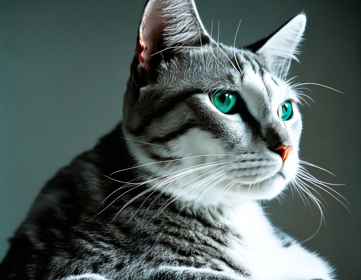 Grey Tabby Cat with Green Eyes and Distinct Markings on Gray Background