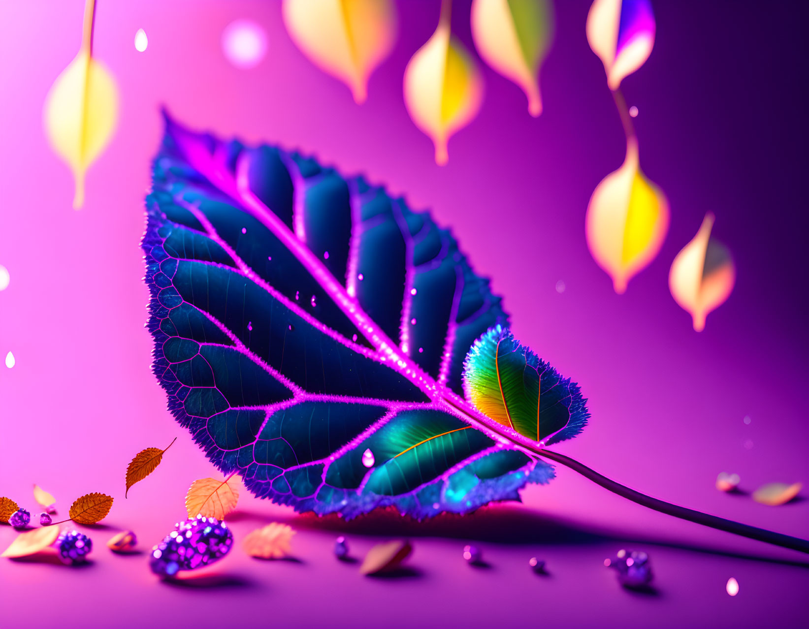 Neon-lit leaf with droplets on purple background