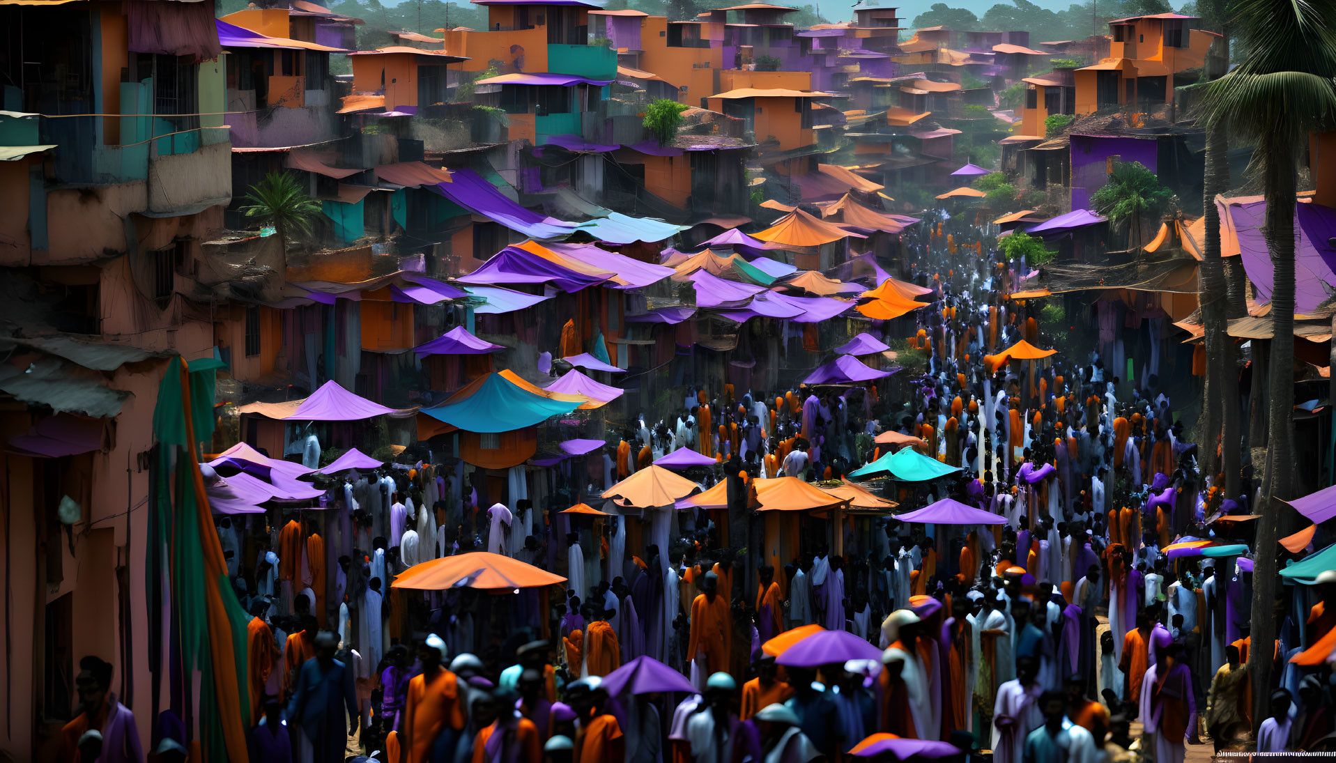 Vibrant street scene with people in orange and purple amidst colorful buildings