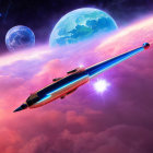 Futuristic starships in vibrant space scene with blue nebula and cosmic clouds