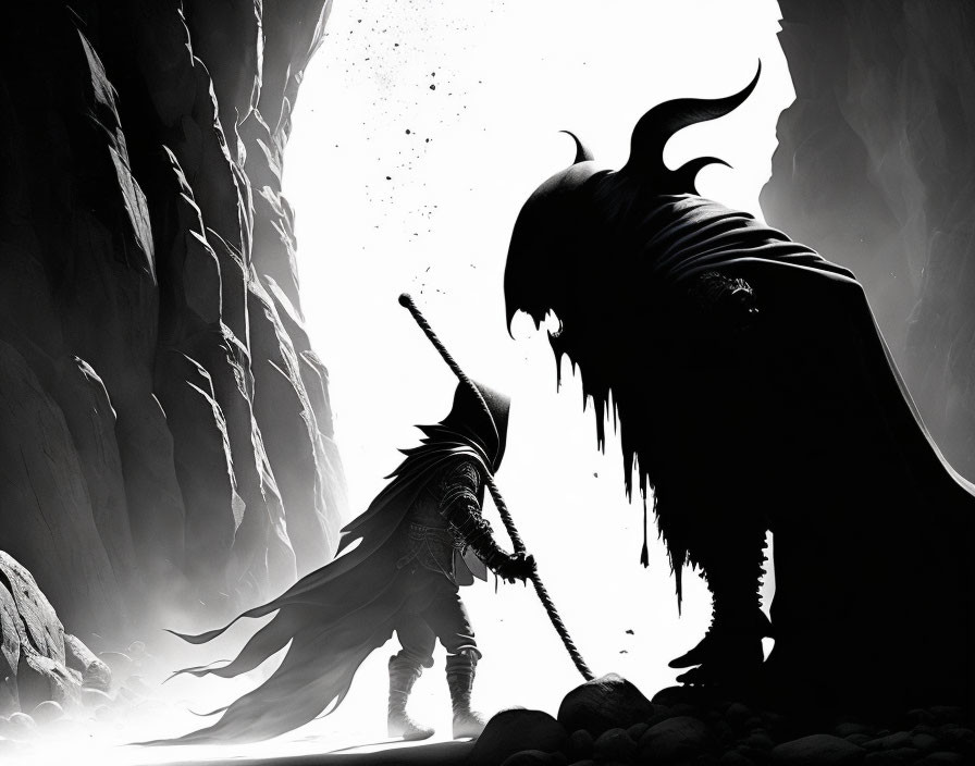 Silhouetted warrior with spear confronts horned creature in cave entrance