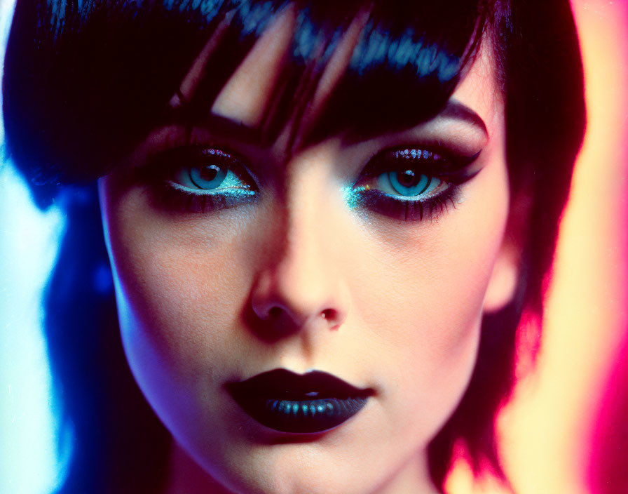 Detailed view of woman with bold makeup and dramatic lighting showcasing blue eyeshadow and black lipstick.
