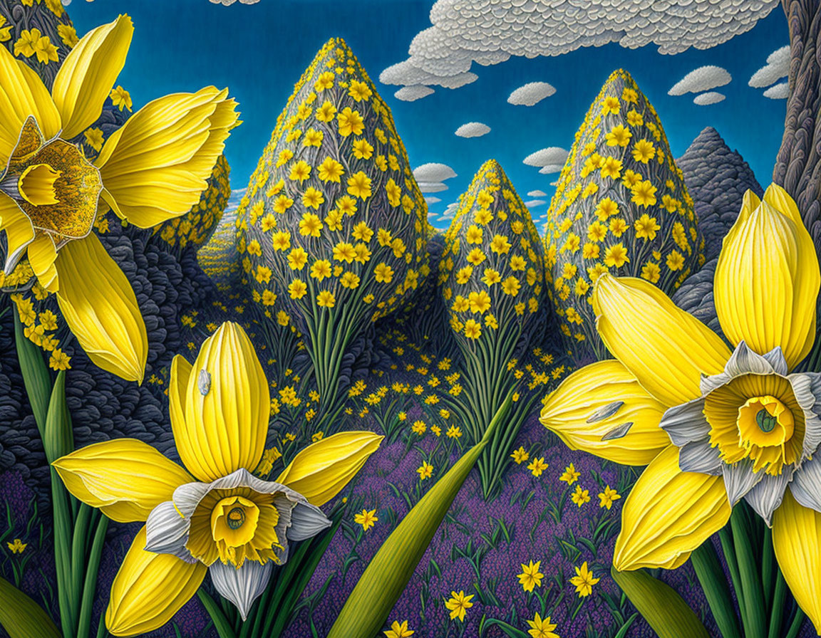 Colorful artwork featuring yellow daffodils, floral hills, and blue sky.