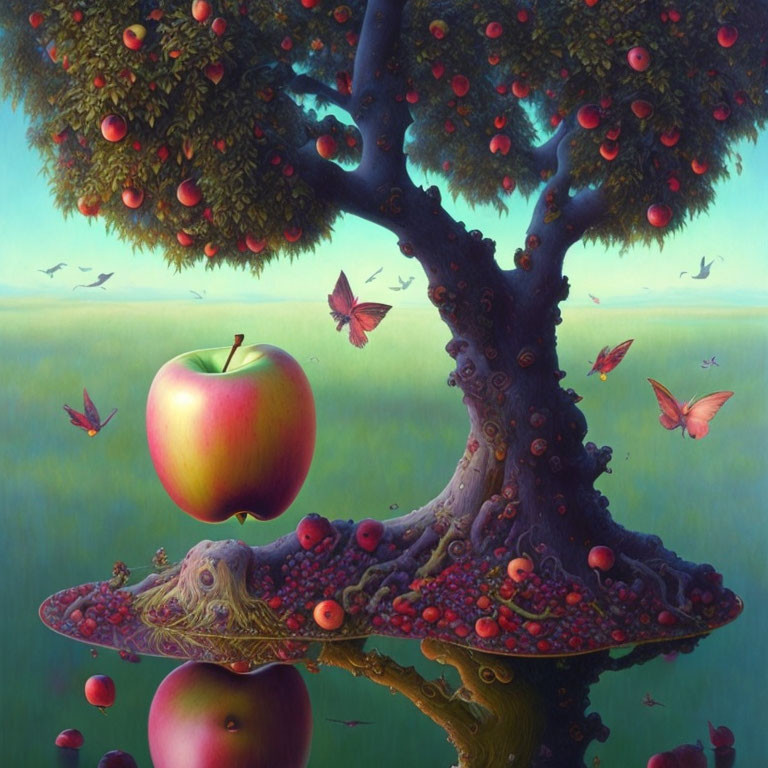 Fantastical tree with oversized apple, surrounded by smaller apples and butterflies