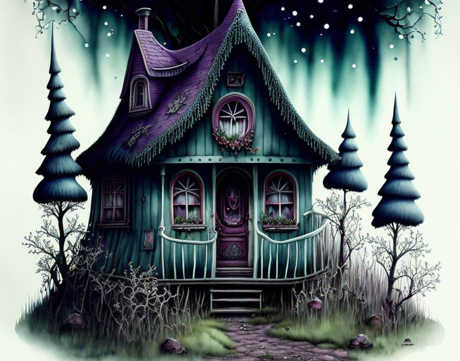 Whimsical green house in enchanted forest under starry sky