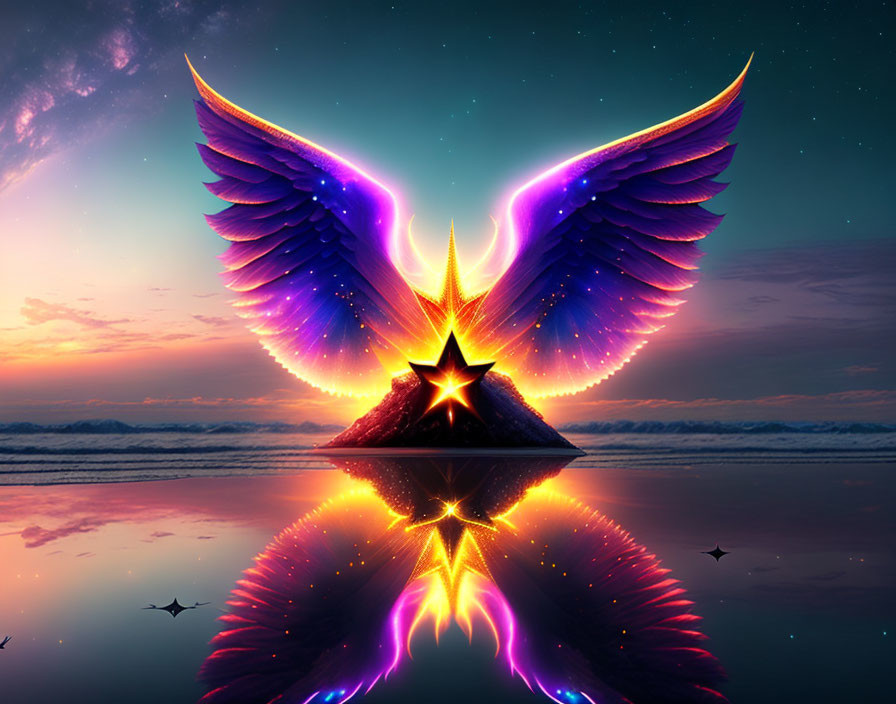 Colorful digital artwork: Shining star with luminous wings reflected in serene sunset sky.