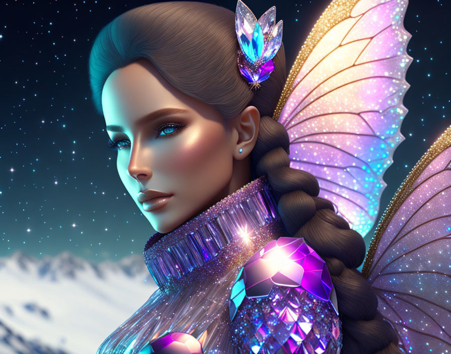 Digital artwork featuring woman with crystalline wings in snowy mountain setting
