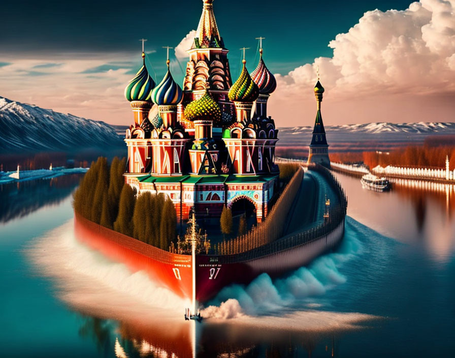 Saint Basil's Cathedral in Moscow reimagined as a ship with colorful onion domes sailing on water