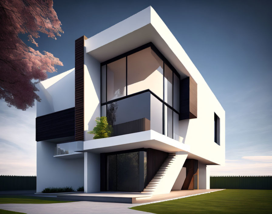 Geometric Design Two-Story House with Large Windows and Floating Staircase at Twilight