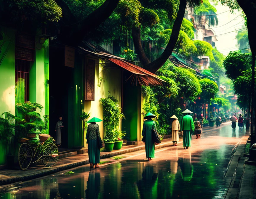 Hanoi Old streets in Spring rainy day