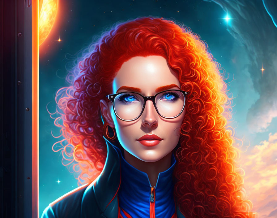 Vibrant red-haired woman with blue eyes and glasses in cosmic setting