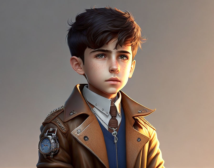 Digital artwork: Young boy with dark hair, freckles, leather jacket, watch, and necklace