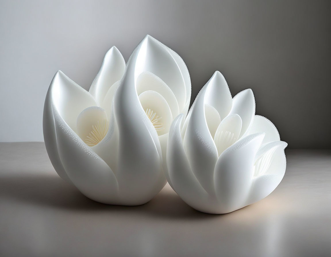 Three white flower-shaped decorative lights on a table against a grey backdrop
