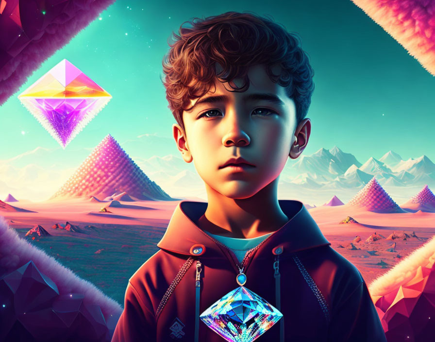Digital Art: Young Boy in Surreal Landscape with Crystalline Structures