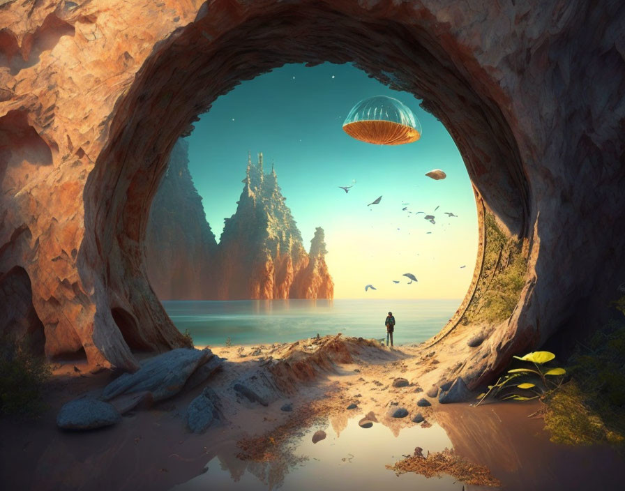 Person at Cave Entrance Overlooking Serene Beach with UFO