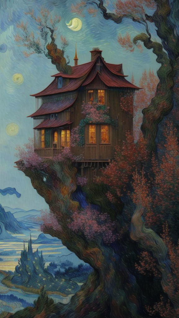 Illustration of cozy house on ancient tree with night sky and moons