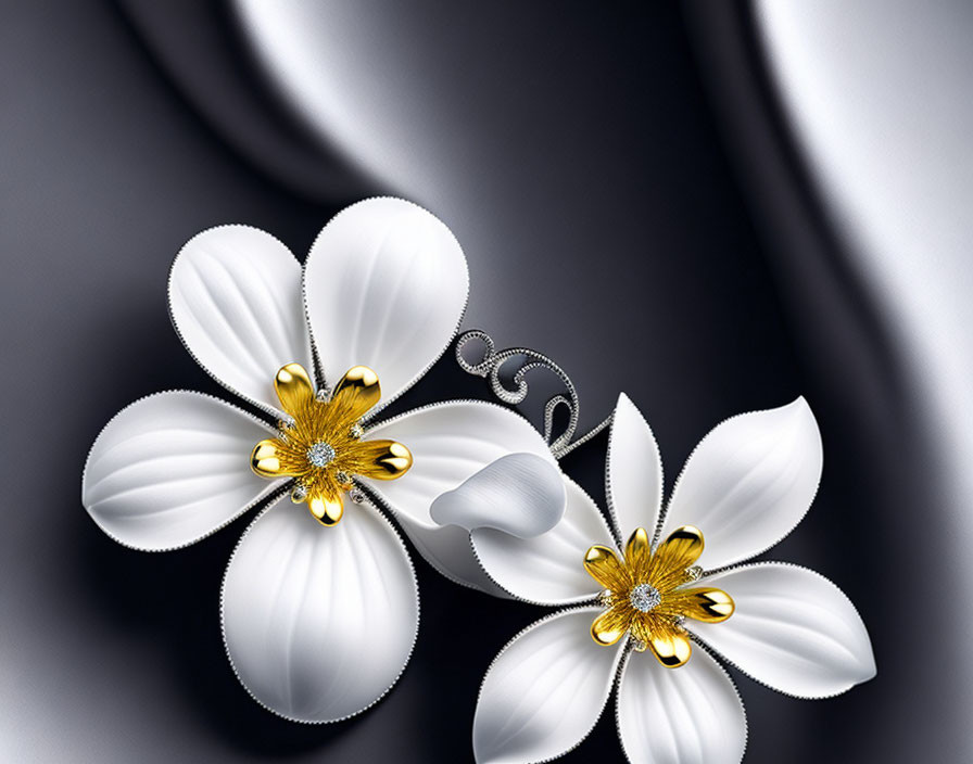 Stylized white flowers with golden centers on abstract black and grey background