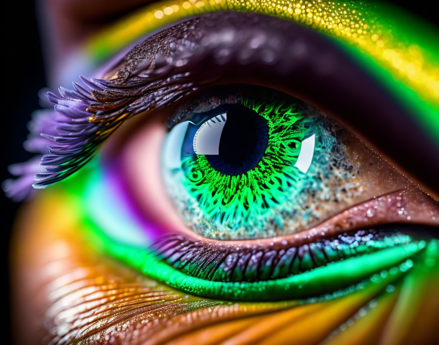 Colorful Close-Up of Vibrant Eye with Green Iris & Colorful Makeup