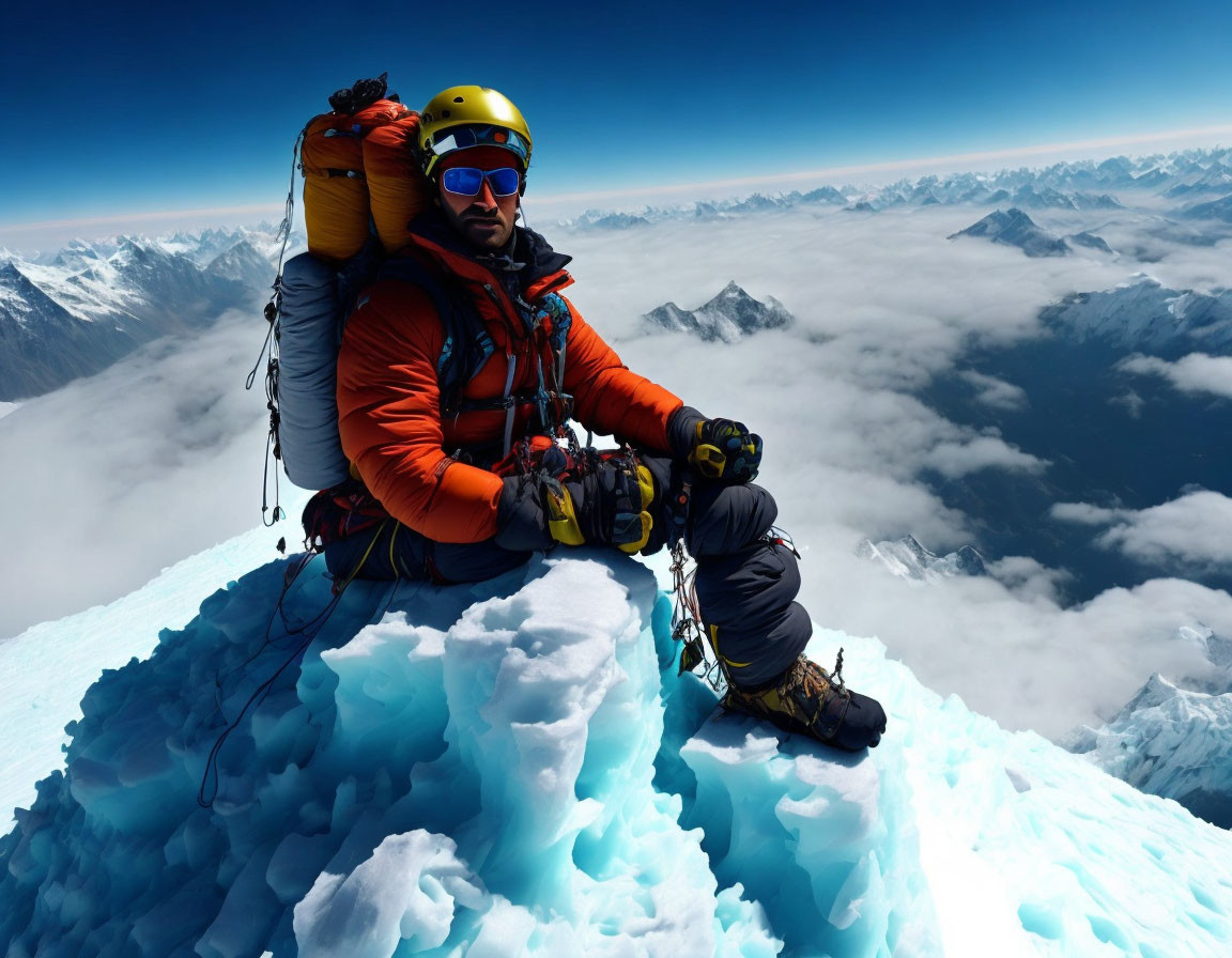 Male climber conquers snowy peak with mountain backdrop and gear.