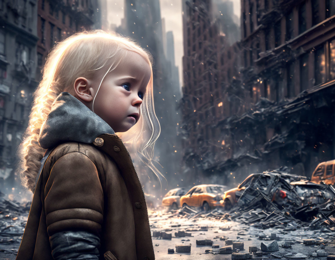 Blonde-Haired Child in Coat in Dystopian Cityscape
