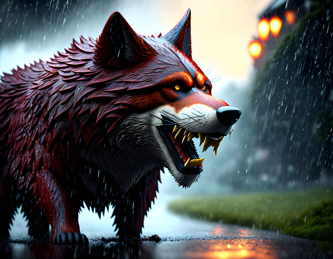 Red-eyed wolf with sharp fangs under rainy sky and glowing orange eyes.