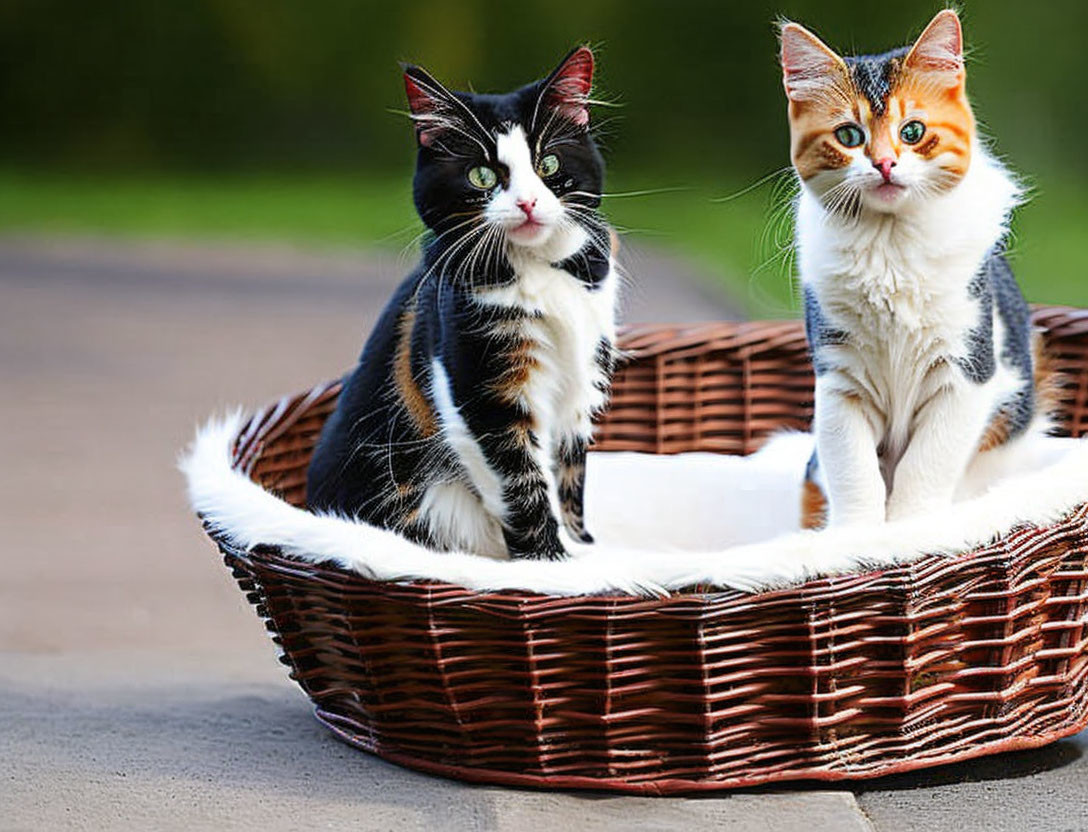 Two kittens with human-like expressions in a wicker basket.
