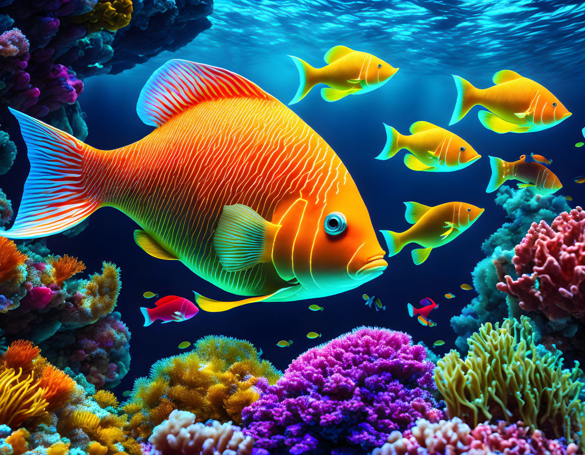 Colorful underwater scene with large orange fish and yellow fish among coral reefs