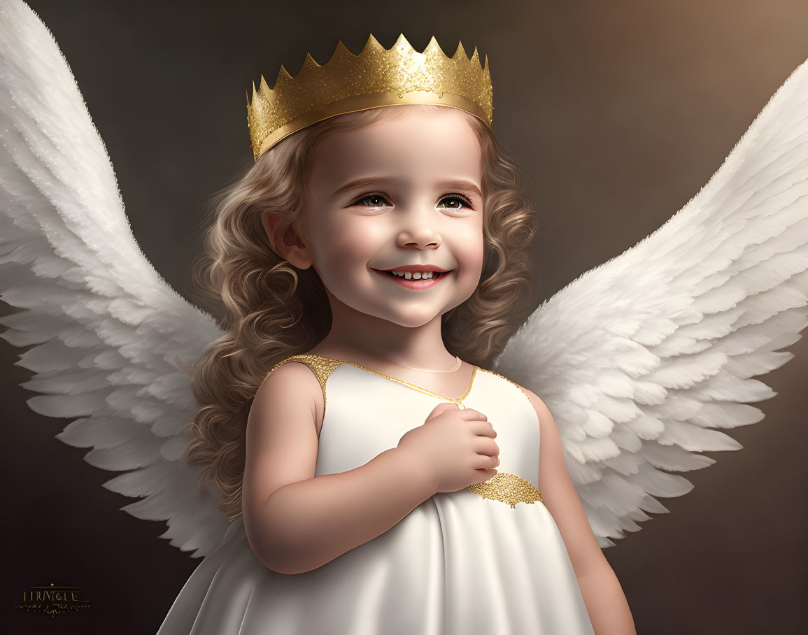 Young girl with gold crown, white dress, and angel wings on brown background