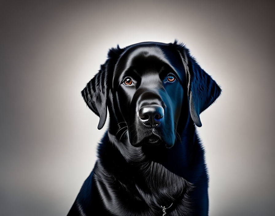 Black Labrador Retriever with shiny coat and amber eyes on gray background