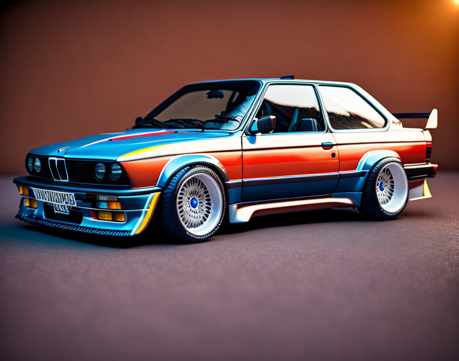 Classic BMW car with sporty body kit and colorful stripes on stylized alloy wheels against amber background