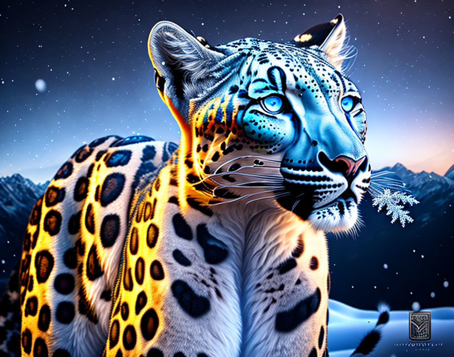 Snow leopard digital art: Blue patterns on face, night mountain landscape, stars, snowflakes