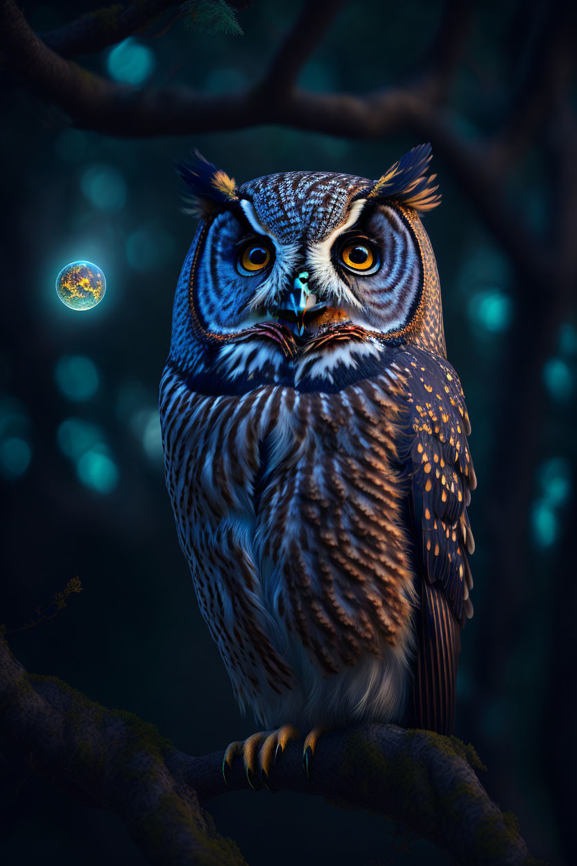 Illustrated owl with glowing blue eyes on branch in mystical blue light