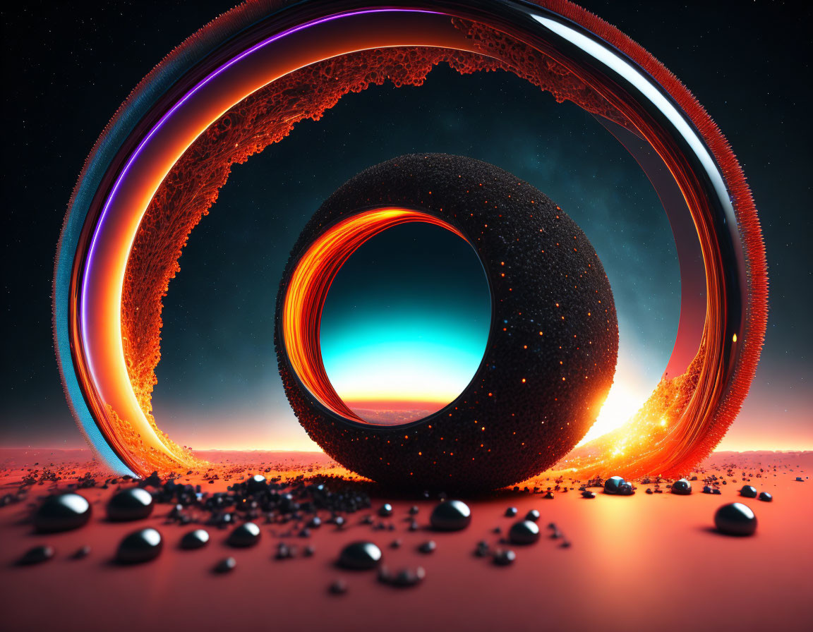Surreal desert landscape with glowing rings, black sphere, and twilight sky
