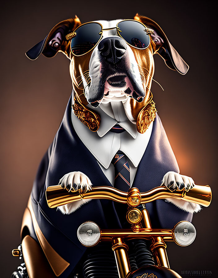 Stylish dog in sunglasses and suit on motorcycle portrait